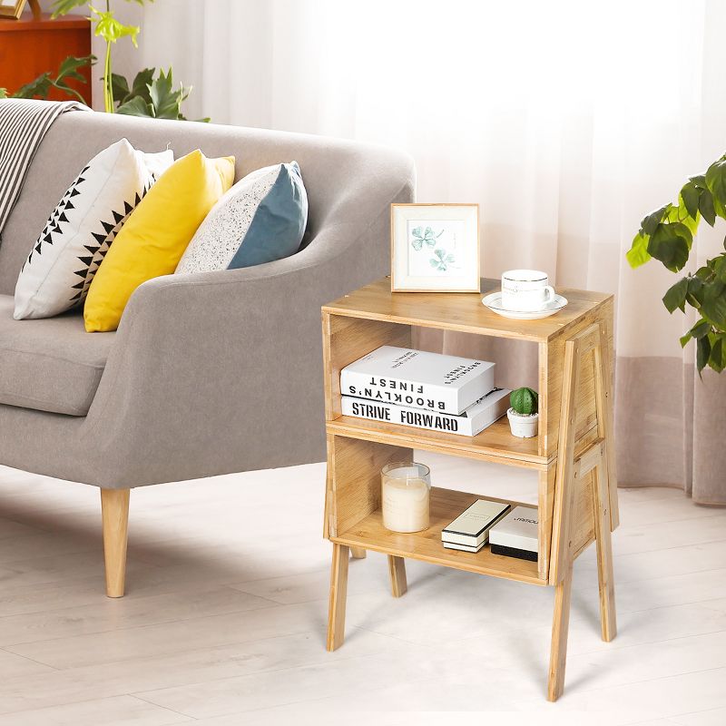 Costway Set of 2 Bamboo Nightstand Stackable Sofa Table Bedside Table with Storage Shelf, 4 of 11