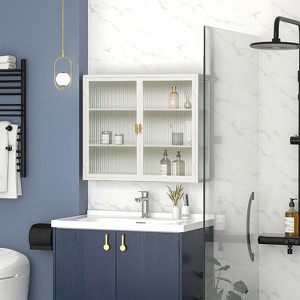 DOMETOUR 27.56"Glass Doors Modern Two-door Wall Cabinet with Featuring Three-tier Storage for Entryway Living Room Bathroom Dining Room - 1 of 4
