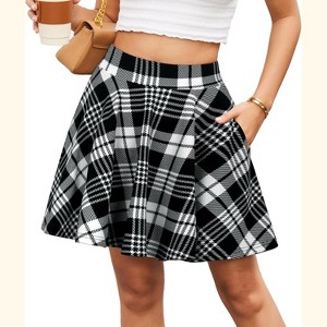 Women's High Waist Flared Mini Skater Skirt - Versatile Casual with Pockets Black White Plaid - 1 of 4