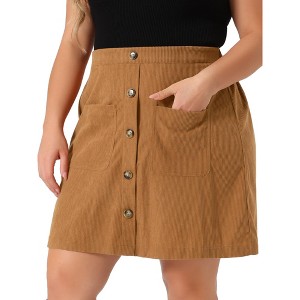 Agnes Orinda Women's Plus Size High Waist Button Front with Pocket Mini Corduroy A-Line Skirt - 1 of 4