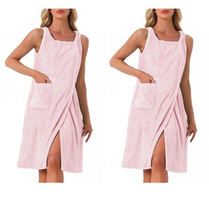 INSPIRE CHIC Women's 2 Pcs Shower Wrap Wearable Button Bath Towel Robe Sleeveless Snap Dress with Pockets - 1 of 4