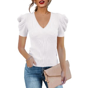 Clearlove Puff Short Sleeve Sweater for Women Tops 2025 Knit V Neck Shirt Blouses - 1 of 4