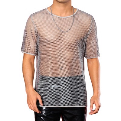 INSPIRE CHIC Men's See Through Short Sleeves Party Shiny Mesh Sheer T-Shirt