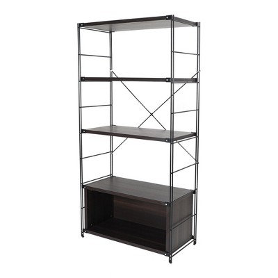 LeisureMod Etagere 4 Shelves Bookcase with Black Stainless Steel Frame and Melamine Board Shelves