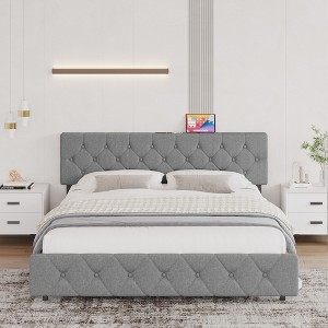 Whizmax Queen Size Bed Frame with Headboard and Type-C&USB Ports,Adjustable Linen Upholstered Platform with Wooden Slats Support,No Box Spring Needed - 1 of 4