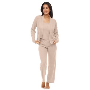 ADR Women's Pajamas Set, Soft Ribbed Knit Waffle 3 Piece Lounge Set - Cardigan Sweater, Cami Top Shirt, Pajamas Pants - 1 of 4