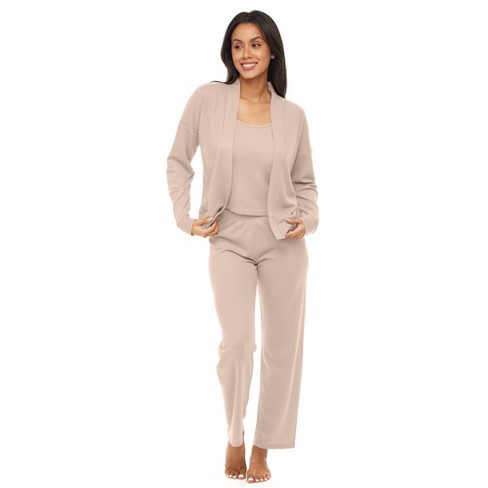 ADR Women's Ribbed Knit Cardigan Thermal Sleepwear Set Hip Length Jacket,  Cami Top and Pajama Pants Ivory Small