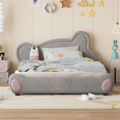 Whisen Velvet Platform Bed with Bear-Shaped Headboard and Bed-End Storage Pocket