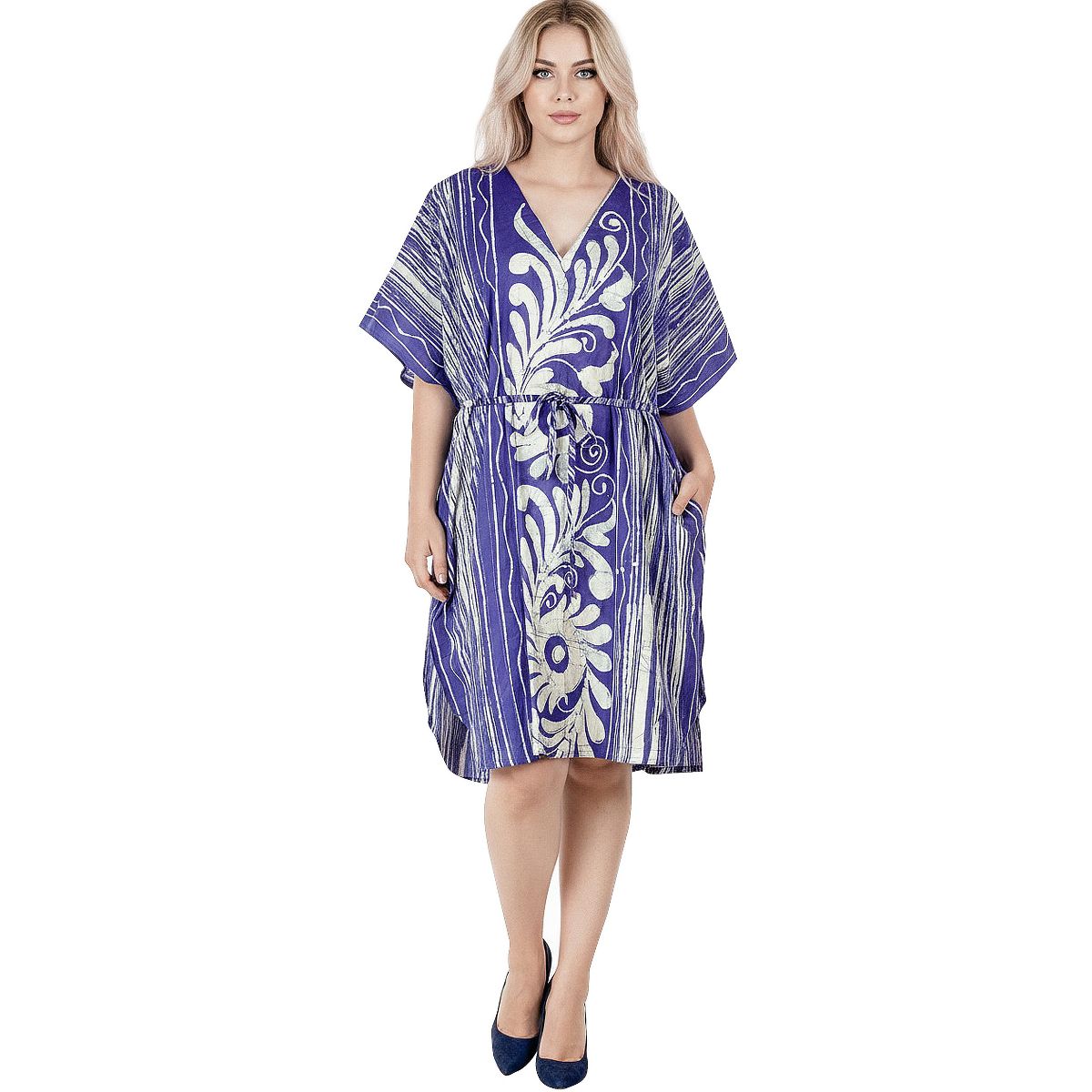 LA LEELA Summer Cotton Women Resortwear Tunic Dress Holiday Vacation Cruise Pregnancy Wear Flowy Loungewear Outfit 2X-3X Blue Paisley