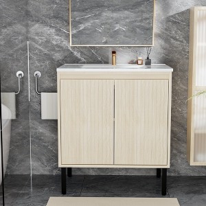 KWPZQEB Fluted Bathroom Vanity Cabinet with Sink, Freestanding Vanity With Doors, Mid-Century Floor-Standing Cabinet, Storage Cupboard for Bathroom - 1 of 4