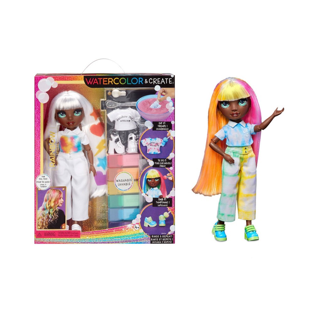 Rainbow High Watercolor & Create Fashion DIY Doll with Washable Watercolors + Tie-Dye Kit, Green Eyes, Long Straight Hair, Bonus Top & Shoes