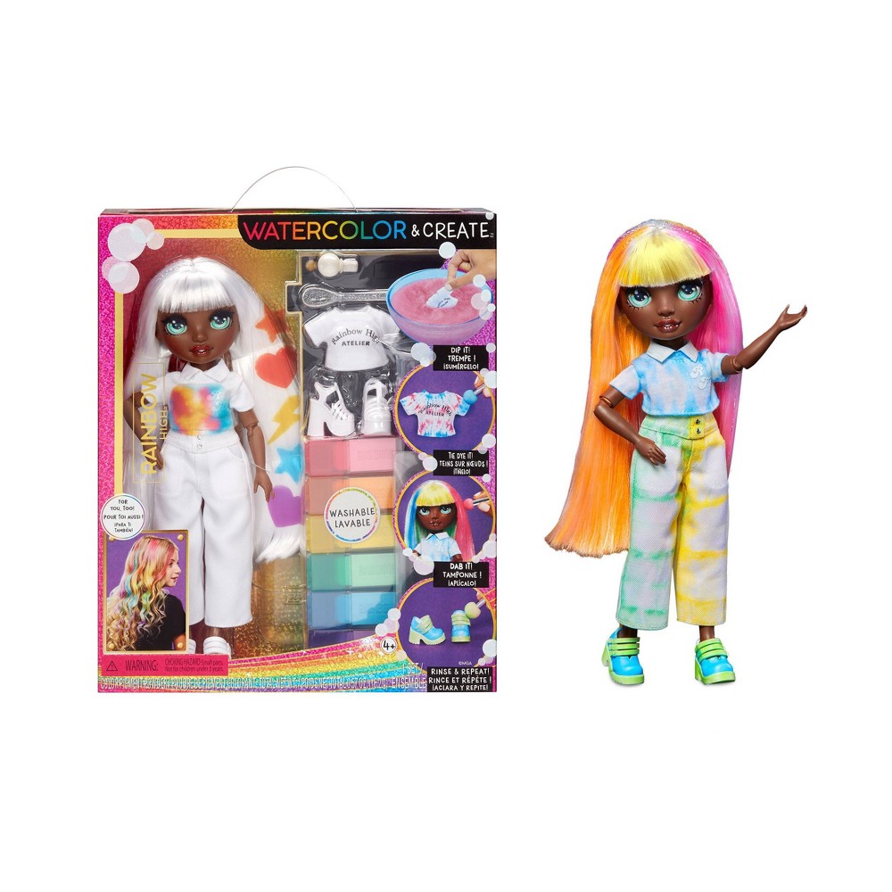 Rainbow High Watercolor &#38; Create Fashion DIY Doll with Washable Watercolors + Tie-Dye Kit, Green Eyes, Long Straight Hair, Bonus Top &#38; Shoes