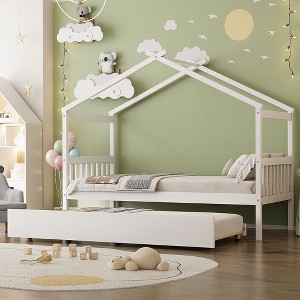 Whisen Twin Size Wooden House Bed with Twin Size Trundle - 1 of 4