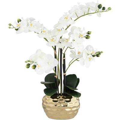 Dahlia Studios White Phalaenopsis 23"H Faux Orchid in Gold Ceramic Pot