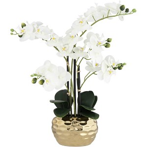 Dahlia Studios Potted Faux Artificial Flowers Realistic White Phalaenopsis Orchid in Gold Ceramic Pot Home Decoration 23" High - 1 of 4