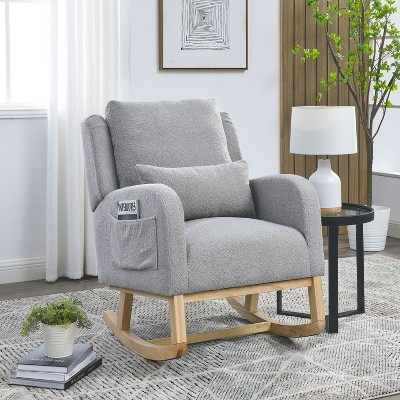 VYNXARIA 27.5 "W Modern Accent High Back Living Room Casual Armchair Rocker with One Lumbar Pillow, Two Side Pockets,Teddy Gray