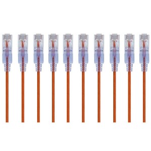 Monoprice SlimRun Cat6A Ethernet Patch Cable - Network Internet Cord - RJ45, Stranded, UTP, Pure Bare Copper Wire, 30AWG, 2ft, Orange, 10-Pack - 1 of 4