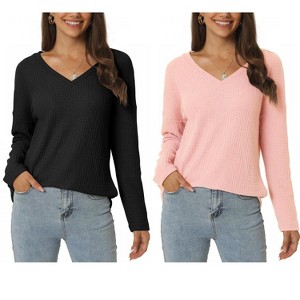 INSPIRE CHIC Women's V Neck Waffle Knit Long Sleeve Casual Tunic Blouses 2 Packs - 1 of 4