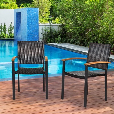 Black Wicker and Acacia Wood Stackable Outdoor Dining Chairs, Set of 4