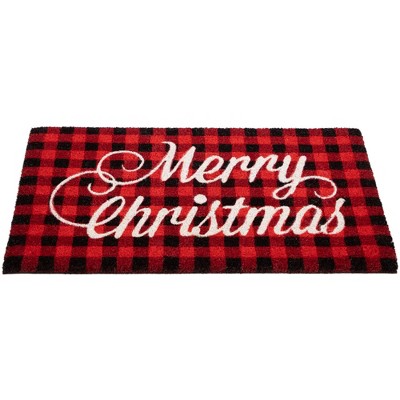 Red and Black Plaid Merry Christmas Coir Outdoor Doormat