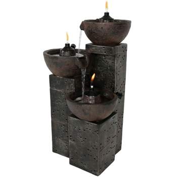 Sunnydaze 34"H Electric Polyresin 3-Tier Burning Bowls Outdoor Water Fountain with Real Flame Torch Accents