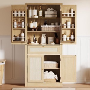 70" Tall Kitchen Pantry Cabinet, Handwoven Rattan Doors, Adjustable Shelves, 1 Drawer, Storage Cupboard, Oak Finish - 1 of 4
