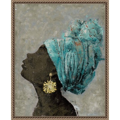 Profile of a Woman II Turquoise Headwrap Canvas Print with Bronze Frame