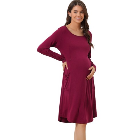 Cheibear Womens Casual Round Neck Maternity Long Sleeve Loungewear Dress  With Pockets Wine Red X-small : Target
