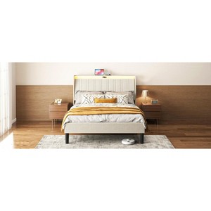 DOMETOUR Twin Size Platform Bed Frame with Fabric Upholstered Headboard and Wooden Slats Support, Fully Upholstered Mattress - 1 of 4
