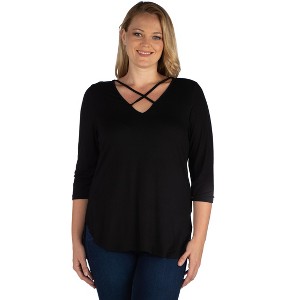 24seven Comfort Apparel Womens Criss Cross Round Hemline Plus Size Tunic Top - 1 of 4