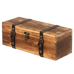Vintiquewise Vintage Wooden Wine Gift Box – Rustic Single Bottle Holder with Locking Latch, Decorative Brass Accents, and Faux Leather Straps - 1 of 4