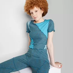 Women's Short Sleeve Seamed Baby T-Shirt - Wild Fable™ Blue Patchwork XXS