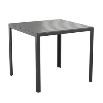 Emma and Oliver Modern Weather and Rust Resistant Black Steel Patio Table with Black Slatted Polyresin Top for Indoor and Outdoor Use