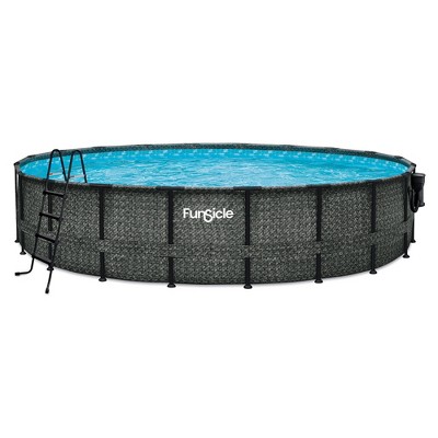 Funsicle 20' x 48" Oasis Designer Round Frame Outdoor Above Ground Swimming Pool Set with SkimmerPlus Filter Pump and Pool Cover, Dark Herringbone