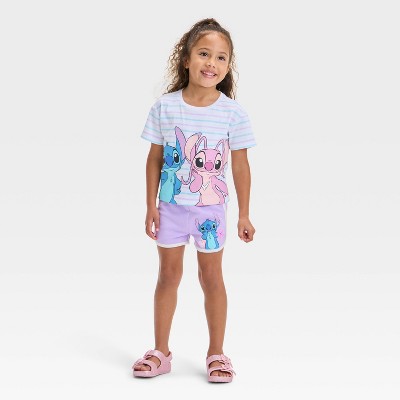 Toddler Girls' 2pc Disney Lilo & Stitch Angel Striped T-Shirt & Retro Knit Shorts Set - Purple