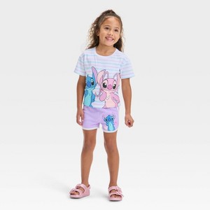 Toddler Girls' 2pc Disney Lilo & Stitch Angel Striped T-Shirt & Retro Knit Shorts Set - Purple - 1 of 4