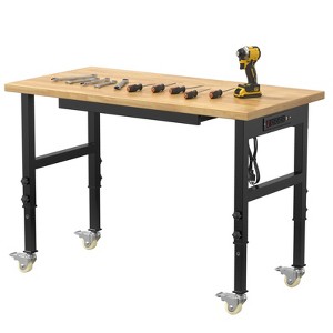 Huxxion 60" Adjustable Work Bench, Heavy Duty Rubber Wood Work Table with Power Outlet and 4 Wheels for Garage, Workshop, Office, Home - 1 of 4