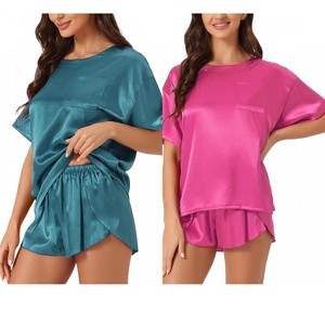INSPIRE CHIC Women's 2 Pcs Lounge Sets Satin Silky Short-Sleeve Tee with Side-Slit Elastic Shorts Sleepwear - 1 of 4