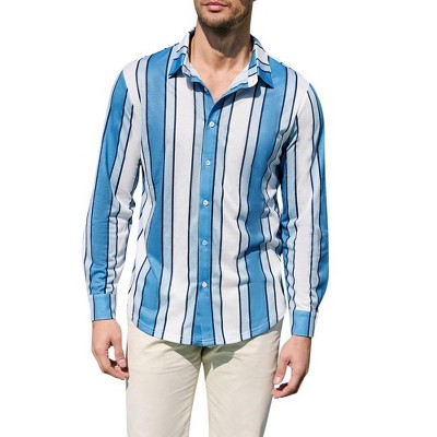 Men's Casual Striped Button Down Shirts Stretch Long Sleeve Vacation Beach Shirts