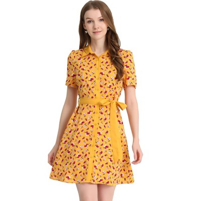 INSPIRE CHIC Women's Short Sleeve Contrast Collar Belted Floral Shirt Dress