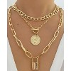 3-Piece Chunky Gold Layered Chain Set - Punk Style Paperclip & Coin Lock Necklace Collar - 2 of 4