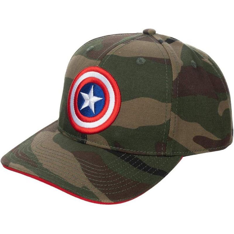 Marvel Men's Captain America Shield Logo Camo Print Precurved Snapback Hat OSFM Green, 1 of 5