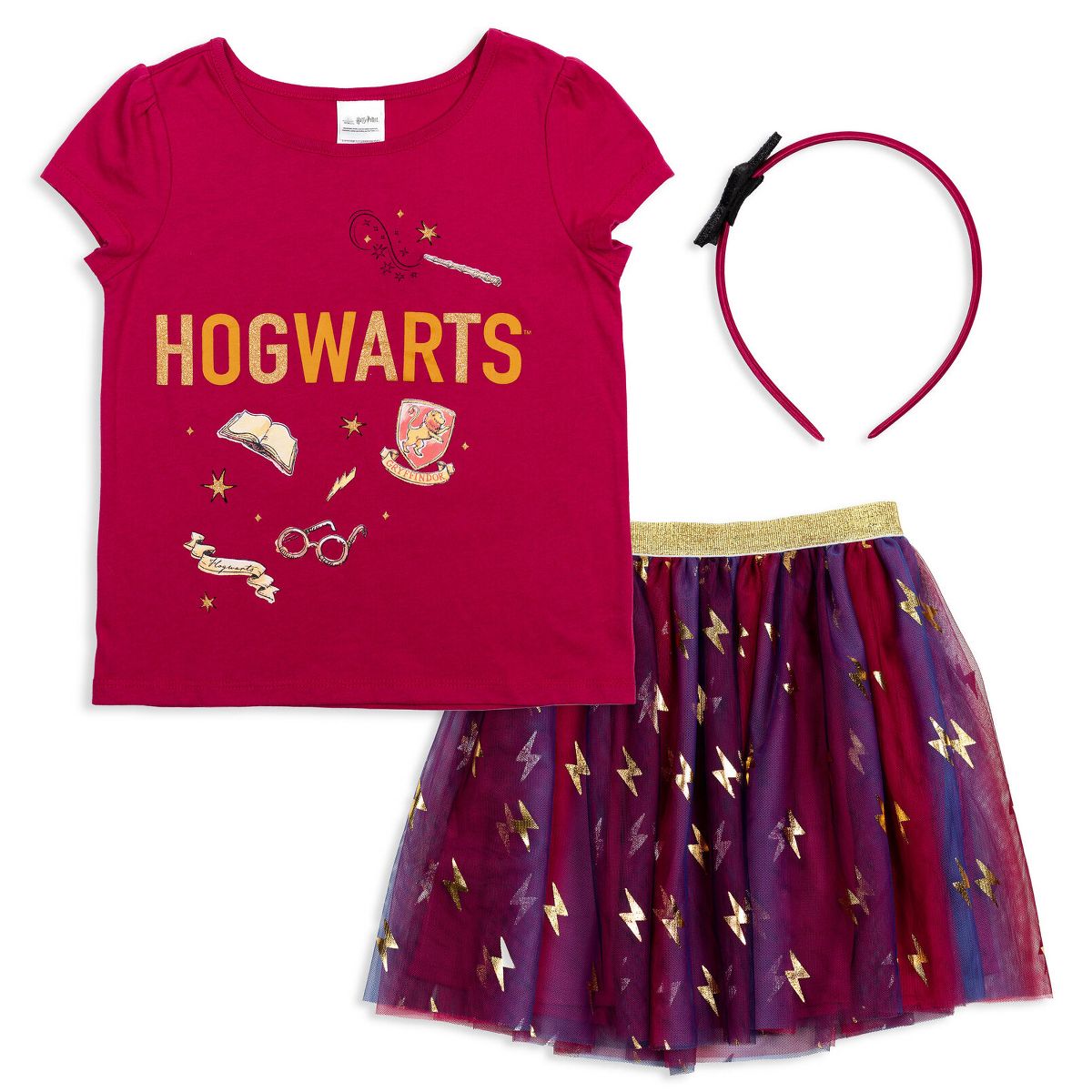 Harry Potter Gryffindor Harry Potter Girls T-Shirt Tulle Skirt and Headband 3 Piece Outfit Set Little Kid to Big Kid