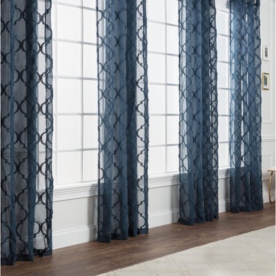 Dark Blue Textured Sheer Grommet Window Curtain Panels, 52x108 Inches