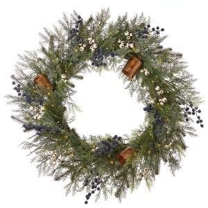 Christmas Mixed Mica Foliage with Blueberries and Harmony Bells 30in Wreath Pre-Lit with 35 LED Fairy Lights B/O - 1 of 4