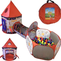 Playz 3pc Rocket Ship Astronaut Kids Play Tent, Tunnel, & Ball Pit with Basketball Hoop Toys for Boys, Girls, Babies, and Toddlers