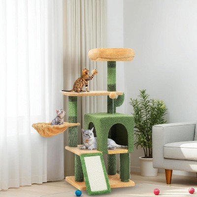 Cactus Cat Tree for Large Cats: 60" Tall with Self-Grooming Brush, Cute Kitten Climbing Tower for Indoor Kittens