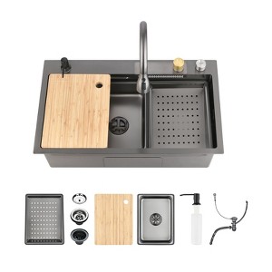 Cobbe Black All-In-One 30" Stainless Steel Single bowl Sink, Multifunctional Drop-in Single Bowl Workstation Kitchen Sink Kit with Accessories - 1 of 4