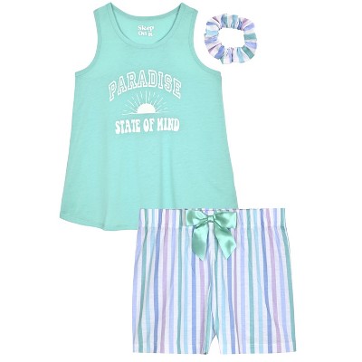 Sleep On It Girls 2-Piece Sleeveless Tank-Top Jersey Pajama Shorts Set with Matching Hair Scrunchie - Paradise State of Mind - Mint, Size: S 7/8