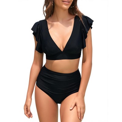Women's V Neck Bikini Set Two Piece Ruffled Top Bathing Suits High Waisted Bikini Bottom U Back Swimwear